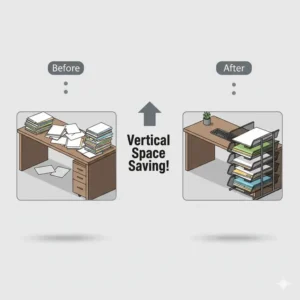 Before and after office organization using legal size paper trays stackable to save vertical desk space.