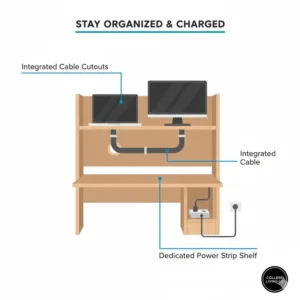 Detailed view of cord management holes in a modern dorm hutch design.