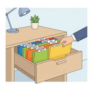 A vibrant color-coded folder system designed to streamline office paper storage and retrieval.