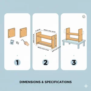 A detailed chart showing the height and width dimensions of a standard dorm desk shelf organizer.
