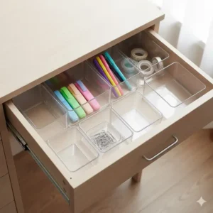 Modular plastic desk organizer bins used to keep office supplies tidy inside a desk drawer.