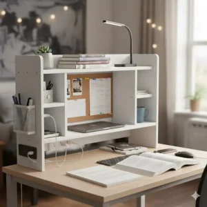 Illustration of a desk topper for dorm featuring a built-in power strip and USB charging ports for electronics.