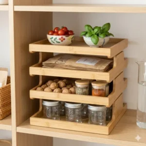 Stacked wooden trays used as pantry organizers for fruits and dry goods.