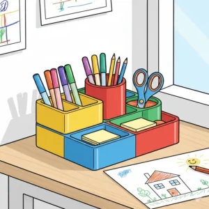 A child’s study desk equipped with bright colorful desk organizers holding art supplies and stationery.