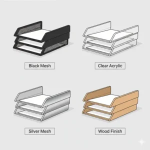 Different material finishes available for the legal size paper trays stackable including wood and acrylic.