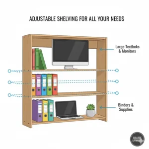 Illustration of adjustable shelf levels inside a versatile dorm hutch.