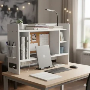 A space-saving desk topper for dorm designed to fit narrow university desks without sacrificing storage.