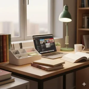 A minimalist plastic desk organizer placed on a student study table next to a laptop and books.