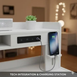 Modern dorm desk shelf organizer featuring built-in USB charging ports and a tech docking station.