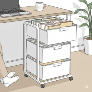 Portable rolling cart with drawers for flexible under-desk office paper storage.