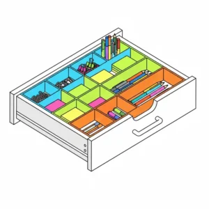 Isometric view of drawer dividers used as internal colorful desk organizers to keep office supplies tidy.