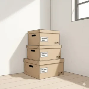 Stackable heavy-duty cardboard boxes for secure archival office paper storage and record-keeping.