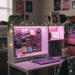 Creative decoration ideas for a desk topper for dorm with LED strip lights, photos, and plants.