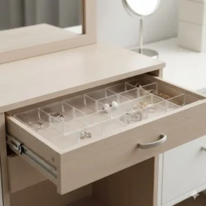 Small 1 inch drawer organizer used for sorting rings and necklaces in a shallow jewelry box drawer.