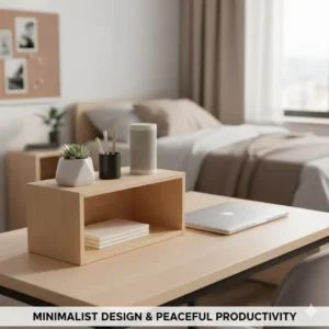 Aesthetic minimalist wood dorm desk shelf organizer on a student desk with neutral decor.
