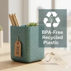 Eco-friendly and BPA-free recycled plastic desk organizer showcasing durable and sustainable material.