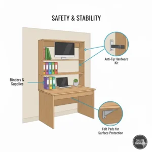 Graphic showing the anti-tip safety kit installed on a wooden dorm hutch.