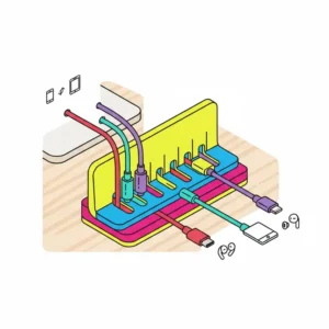 Stylized illustration of a cable management tool among other colorful desk organizers to manage charging cords.