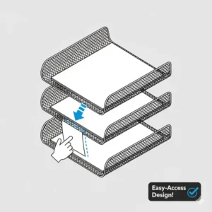 Side view of the legal size paper trays stackable showing the easy-access opening for large papers.