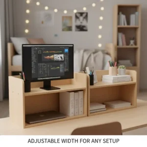 An adjustable width dorm desk shelf organizer expanded to fit a large computer monitor.