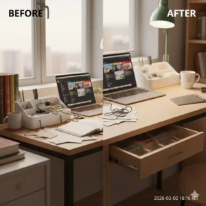 Before and after comparison of a messy workspace transformed by using a plastic desk organizer.