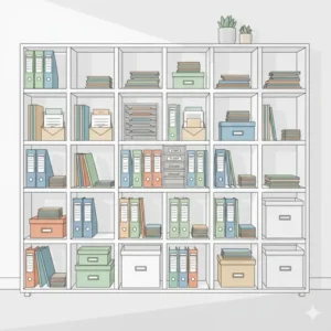 Modular cubby-style shelving unit ideal for high-volume office paper storage and mail sorting.