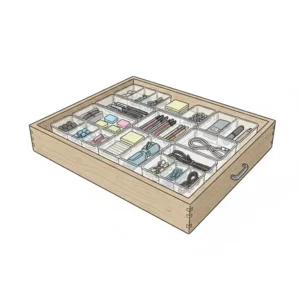 Various sizes of interlocking 1 inch drawer organizer units customized to fit a wide modular drawer layout.