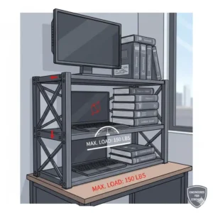 Illustration highlighting the heavy-duty weight capacity of a sturdy metal desk topper for dorm.