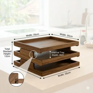 A diagram showing the height, width, and depth measurements of a standard wooden stackable tray.
