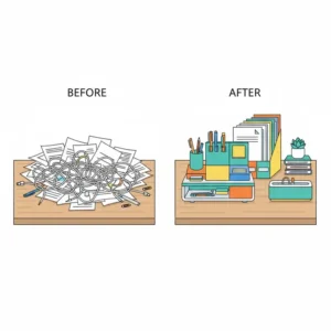 A before and after comparison showing a messy desk transformed by using strategic colorful desk organizers.