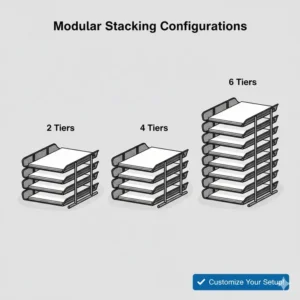 Various modular configurations showing two, four, and six legal size paper trays stackable levels.