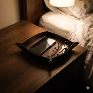 A minimalist bedside everyday carry tray organizing a smartphone, glasses, and house keys.