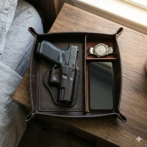 A minimalist bedside setup showcasing an edc dump tray with gun holder organized with a phone and a watch.