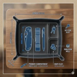 Top-down diagram showing the dimensions and compartments of a multi-slot dump tray.