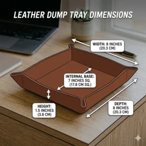 Technical drawing showing the exact dimensions and size of a square leather dump tray.