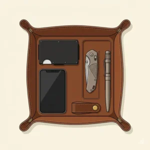 Top-down view of an edc tray organizer with dedicated sections for a pocket knife, flashlight, and coins.