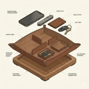 Technical illustration showing the layers and compartments of an organized everyday carry dump tray.