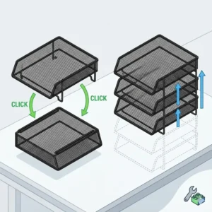 Diagram showing the modular assembly and clicking mechanism of stackable letter trays front loading units.
