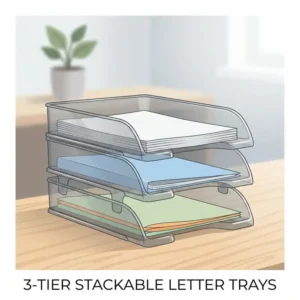 A 3-tier stackable letter tray plastic set designed to maximize desk space.