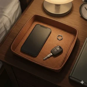 Small edc valet tray on a bedside table organizing a smartphone, wedding ring, and car keys.