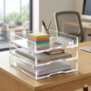 Close-up of clear acrylic stacking trays for office supplies, showing how they save vertical desk space.