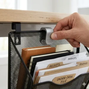 Metal hanging paper tray installed under a wooden desk surface for hidden document storage.