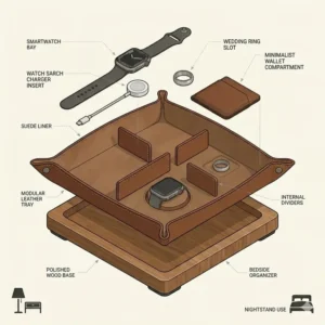 Minimalist illustration of a bedside everyday carry dump tray with a smartwatch and wedding ring.