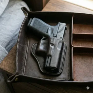 Detailed close-up of the integrated firearm stand within the edc dump tray with gun holder for quick access.