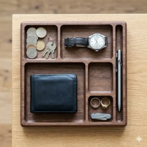Top-down view of a multi-compartment everyday carry tray separating coins, jewelry, and pocket tools.