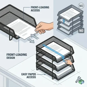 Close-up view demonstrating easy paper access with these stackable letter trays front loading for better workflow.