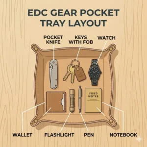 Top-down graphic of a pocket dump tray organizing everyday carry items like a wallet, watch, and pocket knife.