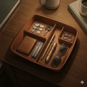 Top-down view of a multi-compartment edc valet tray showing dedicated spaces for coins, wallets, and tools.