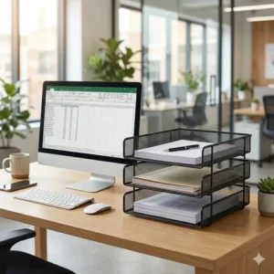 Durable black metal mesh stacking trays for office paper organization on a professional desk.