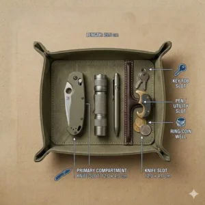 A tactical dump tray setup featuring a folded pocket knife, multi-tool, and handgun magazine.